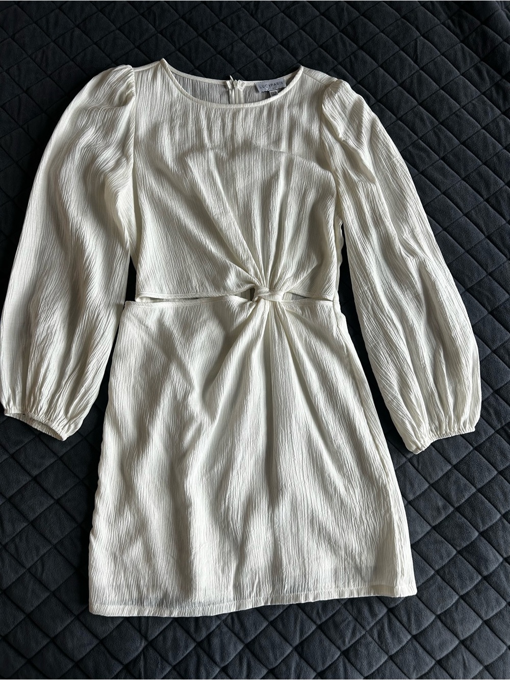 LUCYPARIS Sheer, white long-sleeve twist front dress